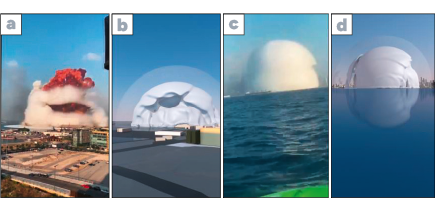 Une série de quatre images montre une grande structure gonflable blanche en forme de dôme en train de se déployer et de flotter au-dessus d'un paysage urbain et d'une étendue d'eau.
Description générée par IA