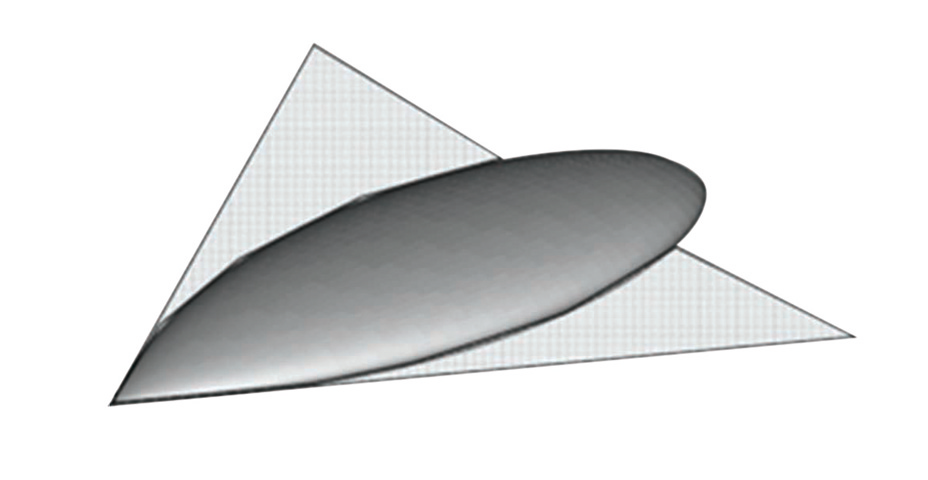 Une surface courbe grise en forme d'ellipse est posée sur un plan triangulaire quadrillé.
Description générée par IA