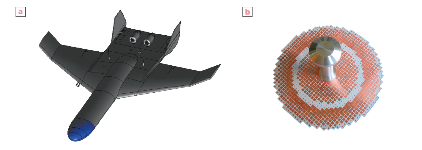 Un modèle d'avion noir avec des ailes déployées est présenté à côté d'un objet circulaire avec une poignée métallique au centre posé sur un fond blanc.
Description générée par IA