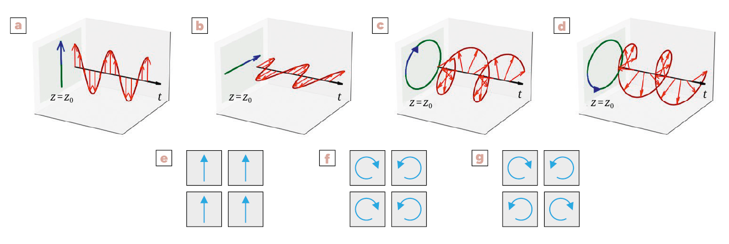 Différentes représentations en 3D de fonctions d'ondes avec des vecteurs et des rotations indiquant des directions et des mouvements dans l'espace.
Description générée par IA