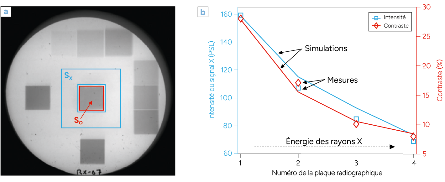 Une image montre une plaque radiographique avec des zones encadrées en bleu et rouge à gauche et un graphique à droite comparant les simulations et mesures de l'intensité du rayonnement X en fonction du numéro de la plaque radiographique.
Description générée par IA