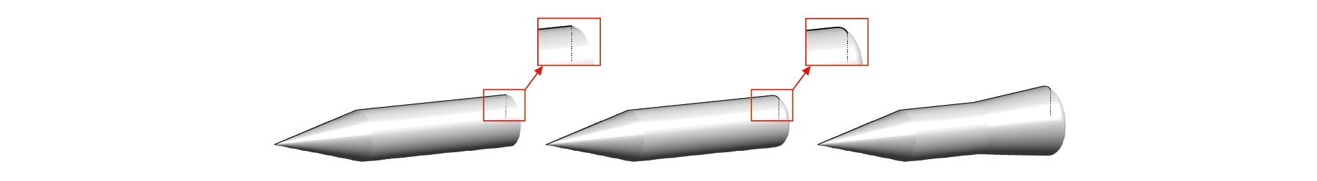 Trois formes allongées métalliques avec des zooms sur des détails de leurs extrémités arrondies et effilées.
Description générée par IA